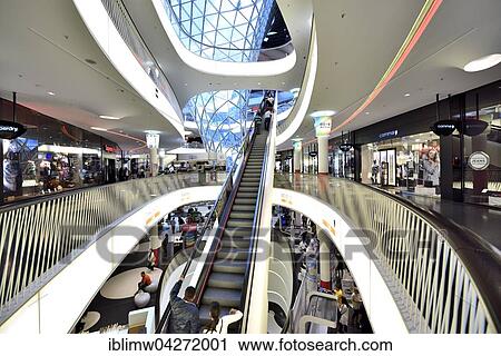 Stock Image - Longest self-supporting escalator in Europe, shopping center MyZeil, architect Massimiliano Fuksas, Palaisquartier, Frankfurt am Main, Hesse, Germany, Europe. Fotosearch