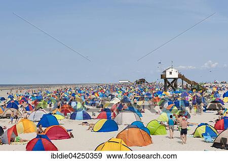 Stock Photo - Many bathers with beach tents on the beach, crowded beach, Sankt Peter-Ording, North Frisia, Schleswig-Holstein, Germany, Europe. Fotosearch