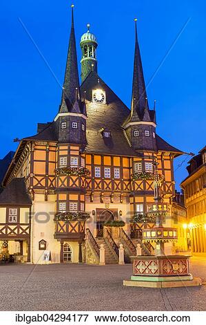 Market square and Town Hall at dusk, Wernigerode, Harz, Saxony-Anhalt, Germany, Europe View Large Photo Image Stock Photo - Market square and Town Hall at dusk, Wernigerode, Harz, Saxony-Anhalt, Germany, Europe. Fotosearch