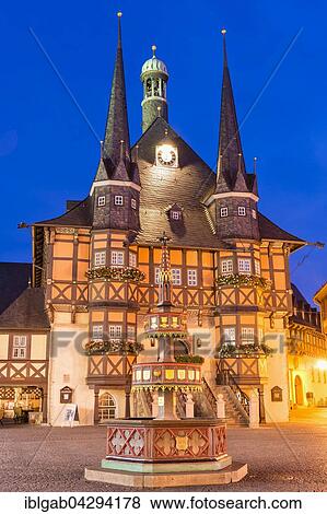 Stock Photo - Market square and Town Hall at dusk, Wernigerode, Harz, Saxony-Anhalt, Germany, Europe. Fotosearch