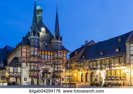Market square and Town Hall at dusk, Wernigerode, Harz, Saxony-Anhalt, Germany, Europe View Large Photo Image Stock Photograph - Market square and Town Hall at dusk, Wernigerode, Harz, Saxony-Anhalt, Germany, Europe. Fotosearch