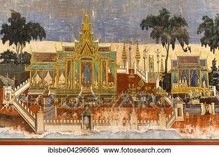 Stock Photography - Mural from the Ramayana epic, mural, Silver Pagoda, Royal Palace, Phnom Penh, Cambodia, Asia. Fotosearch