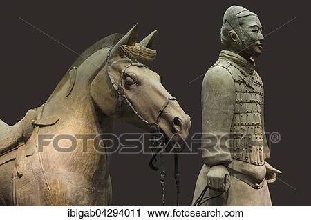 Stock Image - Museum of the Terracotta Warriors, Cavalryman with his Saddled War-Horse, Mausoleum of the first Qin Emperor, Xian, Shaanxi Province, China, Asia. Fotosearch