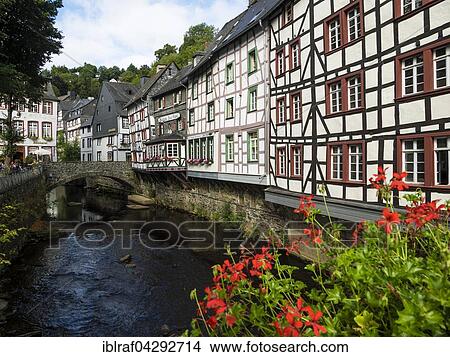 Old half-timbered houses on the river Rur, Monschau, Eifel, North Rhine-Westphalia, Germany, Europe View Large Photo Image Picture - Old half-timbered houses on the river Rur, Monschau, Eifel, North Rhine-Westphalia, Germany, Europe. Fotosearch