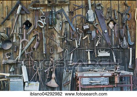 Old tools on a shed wall, Tyrol, Austria, Europe View Large Photo Image Stock Image - Old tools on a shed wall, Tyrol, Austria, Europe. Fotosearch