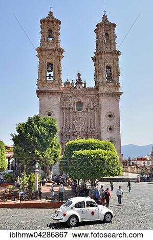 Stock Photo - Parish of Santa Prisca y San Sebastian, colonial Baroque, Plaza Borda, Zocalo, Taxco de Alarcon, Guerrero, Mexico, North America. Fotosearch
