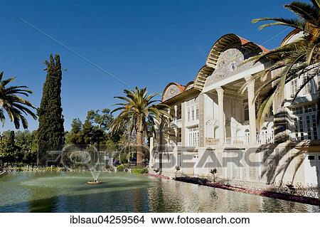 Pavilion with pond and palm trees, Eram Garden, Botanical Garden, Shiraz, Fars Province, Iran, Asia View Large Photo Image Picture - Pavilion with pond and palm trees, Eram Garden, Botanical Garden, Shiraz, Fars Province, Iran, Asia. Fotosearch