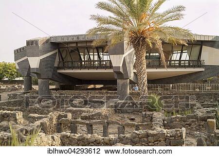Stock Image - Peter's house, with modern St. Peter's Church built above as protection, Capernaum excavations, biblical village, Sea of Galilee, Israel, Asia. Fotosearch
