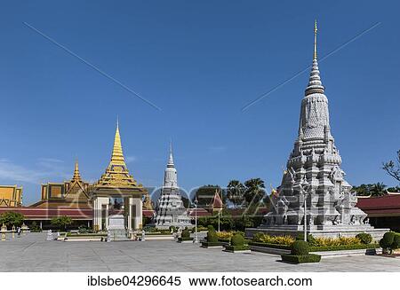 Stock Photography - Phochani Pavilion, Stupa of King Norodom and Stupa of King Ang Duong, Silver Pagoda, Royal Palace, Phnom Penh, Cambodia, Asia. Fotosearch