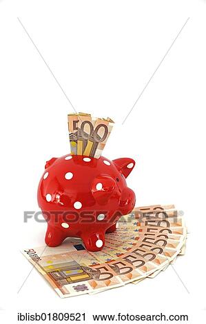 Stock Image - Red piggy bank with white dots and 50-euro notes. Fotosearch