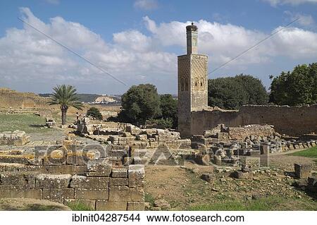 Picture - Ruins and minaret of the former Islamic school Zaouia, necropolis of Chellah, Rabat, Rabat province, Morocco, Africa. Fotosearch