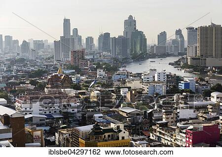 Skyline, city view, skyscrapers, Bang Rak Financial District, Silom District, Chao Phraya River, Panoramic view from Grand China Hotel, Chinatown, Bangkok, Thailand, Asia View Large Photo Image Stock Image - Skyline, city view, skyscrapers, Bang Rak Financial District, Silom District, Chao Phraya River, Panoramic view from Grand China Hotel, Chinatown, Bangkok, Thailand, Asia. Fotosearch