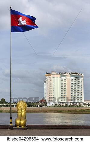 Picture - Sokha Hotel, Tonle Sap River, Cambodian flag, Sisowath Quay, golden lion, Phnom Penh, Cambodia, Asia. Fotosearch