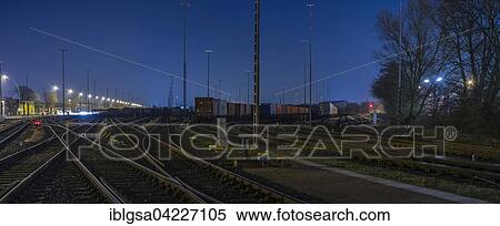 Stock Photography - Storage tracks with freight trains in the evening, freight station, Hamburg, Germany, Europe. Fotosearch