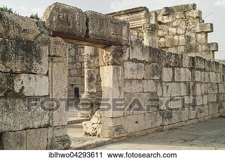 Stock Image - Synagogue ruins, Capernaum excavations, biblical village on, Sea of Galilee, Israel, Asia. Fotosearch