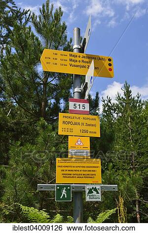Trail sign post in Ropojana valley, Prokletije Mountains National Park, Crna Gora, The Balkans, Monte, Europe View Large Photo Image Stock Photograph - Trail sign post in Ropojana valley, Prokletije Mountains National Park, Crna Gora, The Balkans, Monte, Europe. Fotosearch