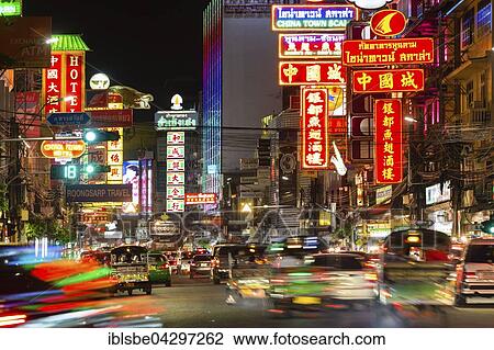 Yaowarat Road in Chinatown, neon signs at night, people and cars, commercial street, billboards, nightlife, Bangkok, Thailand, Asia View Large Photo Image Stock Image - Yaowarat Road in Chinatown, neon signs at night, people and cars, commercial street, billboards, nightlife, Bangkok, Thailand, Asia. Fotosearch