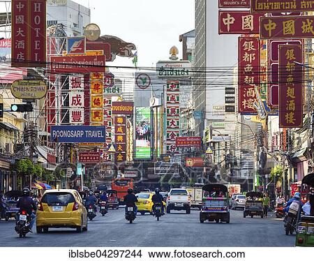 Yaowarat Road in Chinatown, people and cars, commercial street, billboards, neon signs, Bangkok, Thailand, Asia View Large Photo Image Picture - Yaowarat Road in Chinatown, people and cars, commercial street, billboards, neon signs, Bangkok, Thailand, Asia. Fotosearch