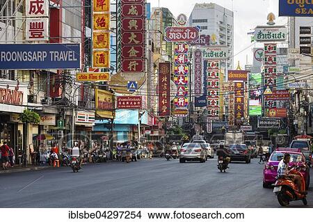 Yaowarat Road in Chinatown, people and cars, commercial street, billboards, neon signs, Bangkok, Thailand, Asia View Large Photo Image Picture - Yaowarat Road in Chinatown, people and cars, commercial street, billboards, neon signs, Bangkok, Thailand, Asia. Fotosearch