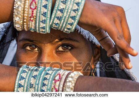 Stock Image - Young Indian woman, portrait, Pushkar, Rajasthan, India, Asia. Fotosearch