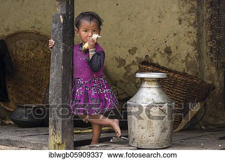 Stock Photo - A little girl stands in front of the house next to an aluminium water container and chews sugar cane, Manaslu region, Himalaya, Nepal, Asia. Fotosearch