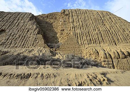 Stock Photograph - Adobe Brick Pyramid of the Sixin Culture, Sechín Alto, Casma, Ancash Region, Peru, South America. Fotosearch