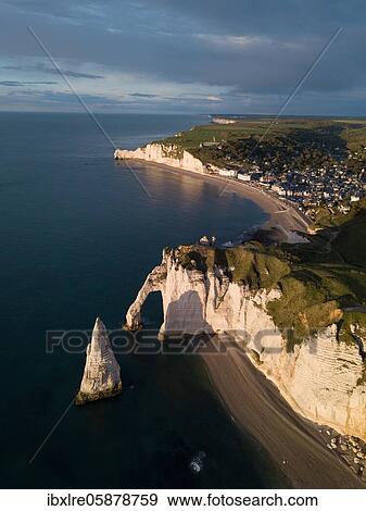 Aerial view, Aiguille d'Etretat, cliffs, chalk cliffs of Etretat in the evening light, Département Seine-Maritime, Normandy, France, Europe View Large Photo Image Stock Photo - Aerial view, Aiguille d'Etretat, cliffs, chalk cliffs of Etretat in the evening light, Département Seine-Maritime, Normandy, France, Europe. Fotosearch