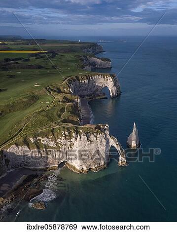 Aerial view, Aiguille d'Etretat, cliffs, chalk cliffs of Etretat in the morning light, Département Seine-Maritime, Normandy, France, Europe View Large Photo Image Stock Photo - Aerial view, Aiguille d'Etretat, cliffs, chalk cliffs of Etretat in the morning light, Département Seine-Maritime, Normandy, France, Europe. Fotosearch