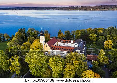 Aerial view, Bernried Monastery, Bernried on Lake Starnberg, Fünfseenland, Pfaffenwinkel, Upper Bavaria, Bavaria, Germany, Europe View Large Photo Image Stock Photo - Aerial view, Bernried Monastery, Bernried on Lake Starnberg, Fünfseenland, Pfaffenwinkel, Upper Bavaria, Bavaria, Germany, Europe. Fotosearch