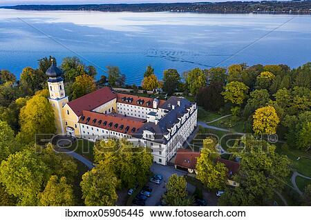 Aerial view, Bernried Monastery, Bernried on Lake Starnberg, Fünfseenland, Pfaffenwinkel, Upper Bavaria, Bavaria, Germany, Europe View Large Photo Image Stock Photography - Aerial view, Bernried Monastery, Bernried on Lake Starnberg, Fünfseenland, Pfaffenwinkel, Upper Bavaria, Bavaria, Germany, Europe. Fotosearch