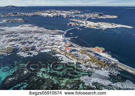 Aerial view, country road connecting populated, small, winterly islands in the sea, Herøy, Nordland, Norway, Europe View Large Photo Image Picture - Aerial view, country road connecting populated, small, winterly islands in the sea, Herøy, Nordland, Norway, Europe. Fotosearch