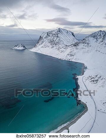 Aerial view, Haukland Beach in winter, Norway, Europe View Large Photo Image Stock Photo - Aerial view, Haukland Beach in winter, Norway, Europe. Fotosearch