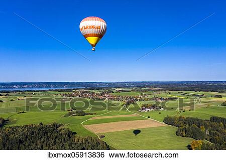 Stock Photograph - Aerial view, hot air balloon ride, behind the Starnberger See, Upper Bavaria, Bavaria, Germany, Europe. Fotosearch