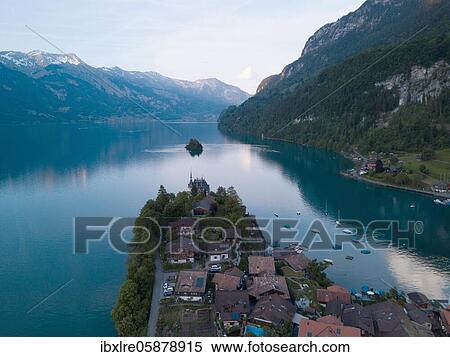 Stock Photography - Aerial view, Iseltwald on Lake Brienz, Bernese Oberland, Switzerland, Europe. Fotosearch