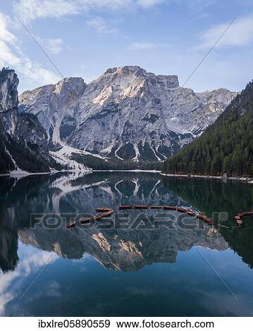 Aerial view, Lake Prags Lake with boats, Lake Prags, South Tyrol, Italy, Europe View Large Photo Image Stock Photo - Aerial view, Lake Prags Lake with boats, Lake Prags, South Tyrol, Italy, Europe. Fotosearch