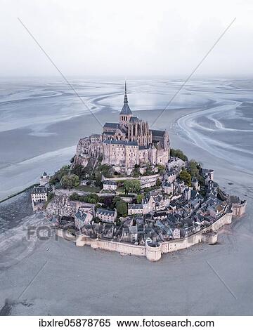 Aerial view, Le Mont-Saint-Michel at low tide, Manche Department, Normandy, France, Europe View Large Photo Image Stock Photography - Aerial view, Le Mont-Saint-Michel at low tide, Manche Department, Normandy, France, Europe. Fotosearch