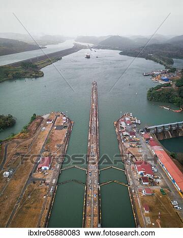 Aerial view, lock in the Panama Canal from above, Mirador Miraflores, Panama, Central America View Large Photo Image Stock Image - Aerial view, lock in the Panama Canal from above, Mirador Miraflores, Panama, Central America. Fotosearch