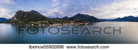 Stock Photograph - Aerial view, Menaggio in the morning, Lake Como, Lago di Como, Province of Como, Lombardy, Italy, Europe. Fotosearch