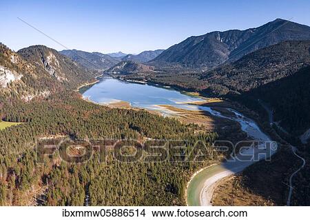 Aerial view, natural riverbed of the upper Isar in front of the Sylvenstein reservoir, wild river landscape Isartal, Bavaria, Germany, Europe View Large Photo Image Picture - Aerial view, natural riverbed of the upper Isar in front of the Sylvenstein reservoir, wild river landscape Isartal, Bavaria, Germany, Europe. Fotosearch