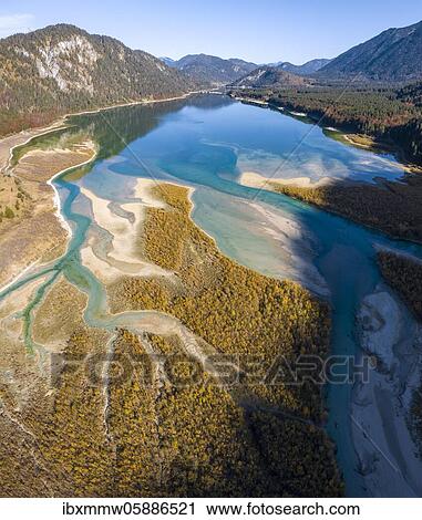 Aerial view, natural riverbed of the upper Isar in front of the Sylvenstein reservoir, wild river landscape Isartal, Bavaria, Germany, Europe View Large Photo Image Stock Image - Aerial view, natural riverbed of the upper Isar in front of the Sylvenstein reservoir, wild river landscape Isartal, Bavaria, Germany, Europe. Fotosearch