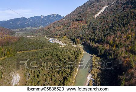 Stock Image - Aerial view, natural riverbed of the upper Isar in front of the Sylvenstein reservoir, wild river landscape Isartal, Bavaria, Germany, Europe. Fotosearch