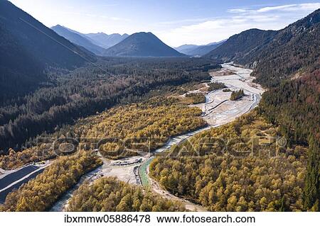 Stock Photo - Aerial view, natural riverbed of the upper Isar in front of the Sylvenstein reservoir, wild river landscape Isartal, Bavaria, Germany, Europe. Fotosearch