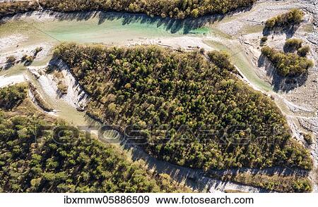 Stock Photo - Aerial view, natural riverbed of the upper Isar in front of the Sylvenstein reservoir, wild river landscape Isartal, Bavaria, Germany, Europe. Fotosearch
