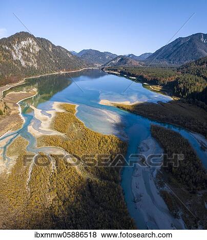 Aerial view, natural riverbed of the upper Isar in front of the Sylvenstein reservoir, wild river landscape Isartal, Bavaria, Germany, Europe View Large Photo Image Stock Photo - Aerial view, natural riverbed of the upper Isar in front of the Sylvenstein reservoir, wild river landscape Isartal, Bavaria, Germany, Europe. Fotosearch