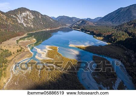 Stock Photo - Aerial view, natural riverbed of the upper Isar in front of the Sylvenstein reservoir, wild river landscape Isartal, Bavaria, Germany, Europe. Fotosearch
