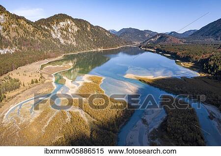 Aerial view, natural riverbed of the upper Isar in front of the Sylvenstein reservoir, wild river landscape Isartal, Bavaria, Germany, Europe View Large Photo Image Stock Photography - Aerial view, natural riverbed of the upper Isar in front of the Sylvenstein reservoir, wild river landscape Isartal, Bavaria, Germany, Europe. Fotosearch