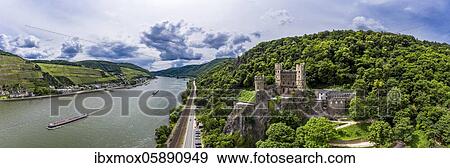 Stock Photo - Aerial view of Burg Rheinstein, Trechtingshausen, Unesco World Heritage Site Upper Middle Rhine Valley, Rhineland-Palatinate, Germany, Europe. Fotosearch