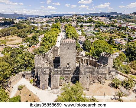 Stock Photo - Aerial view of castle of Guimaraes, first capital of Portugal. Fotosearch