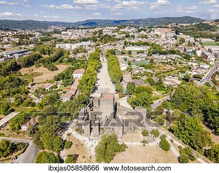 Aerial view of castle of Guimaraes, first capital of Portugal View Large Photo Image Stock Photograph - Aerial view of castle of Guimaraes, first capital of Portugal. Fotosearch