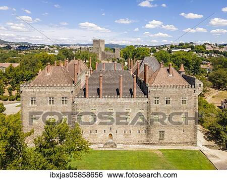 Aerial view of palace of dukes of Braganza and Castle in Guimaraes, Portugal, Europe View Large Photo Image Stock Photograph - Aerial view of palace of dukes of Braganza and Castle in Guimaraes, Portugal, Europe. Fotosearch